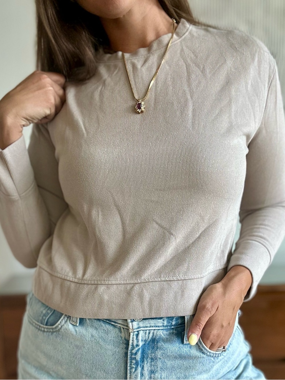 ZARA Beige Ribbed Crewneck Sweatshirt Pullover Size S